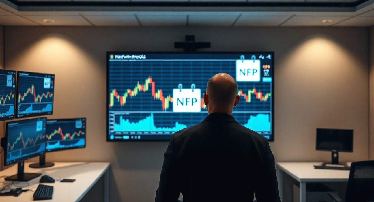 Forex trading screens showing charts and NFP calendar in a professional trading room