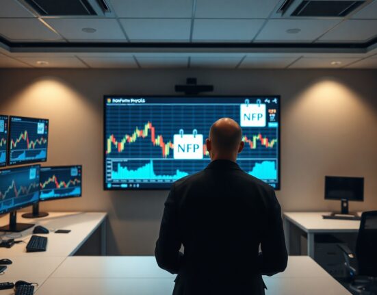 Forex trading screens showing charts and NFP calendar in a professional trading room