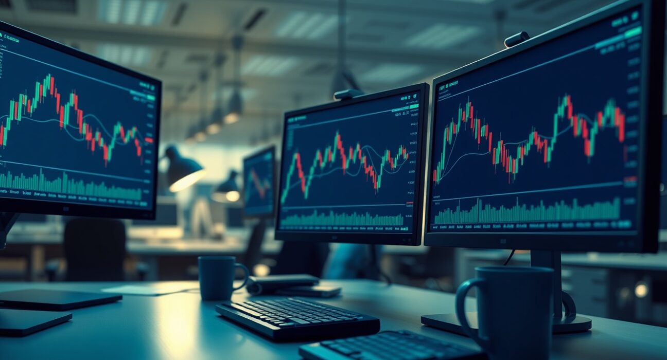 Close-up of a trading desk with monitors showing forex charts and currency data, representing cautious market sentiment.