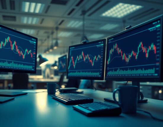 Close-up of a trading desk with monitors showing forex charts and currency data, representing cautious market sentiment.
