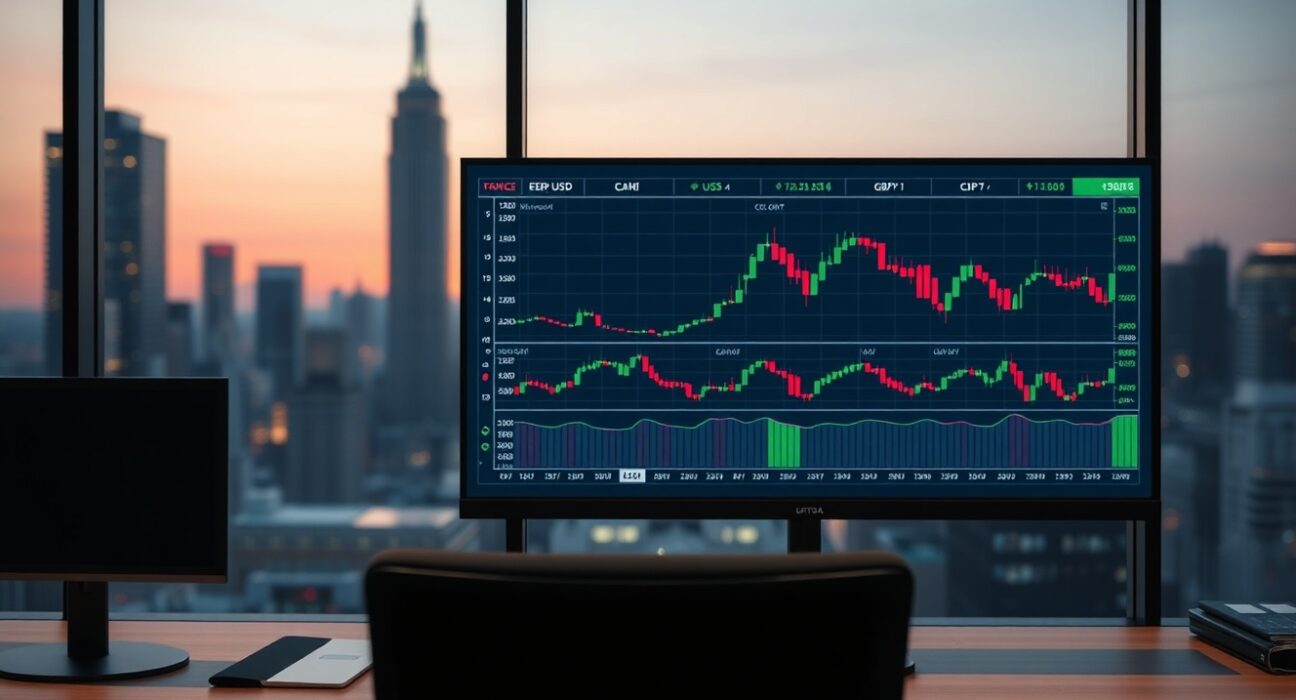 Forex trading desk with digital screens showing currency pair charts in a modern financial office