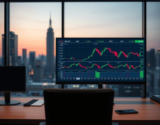 Forex trading desk with digital screens showing currency pair charts in a modern financial office