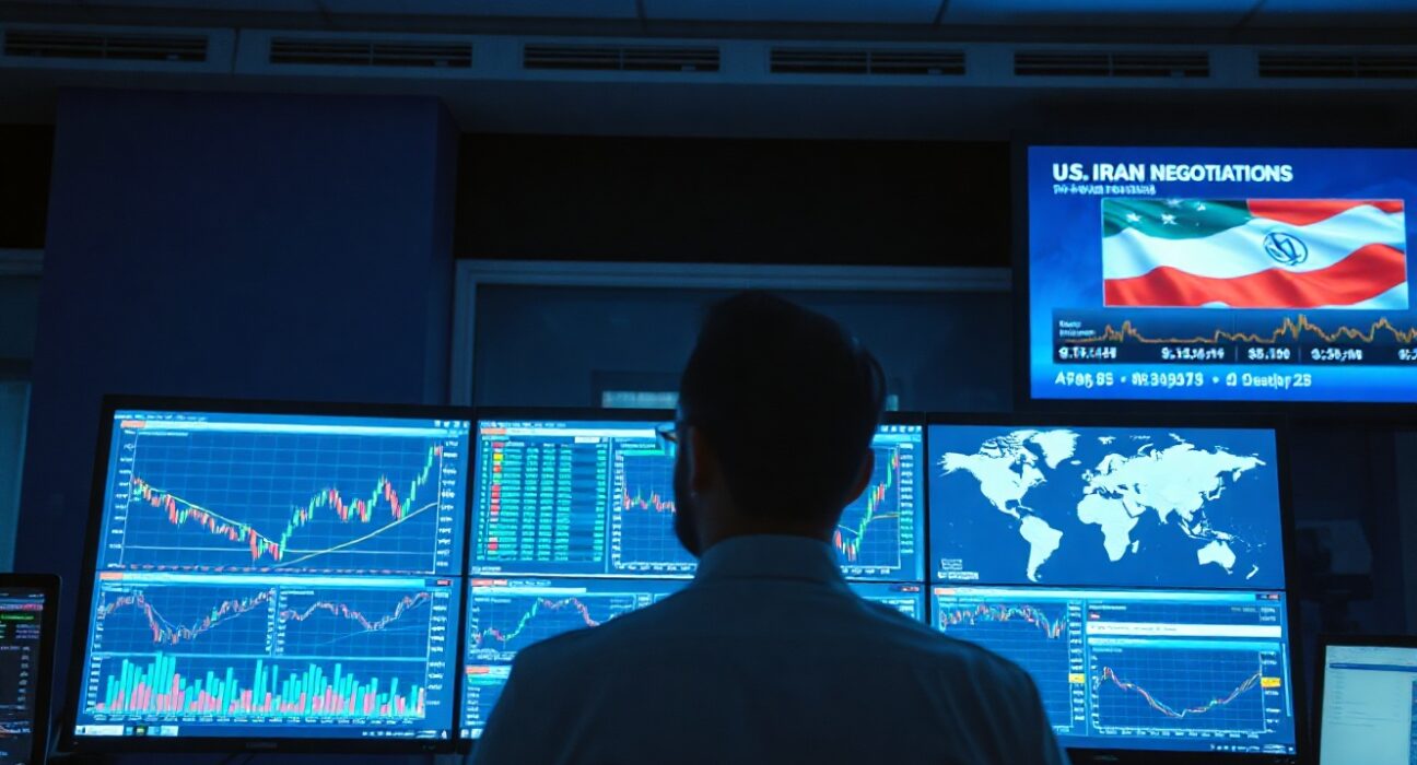 Trader monitors forex charts and geopolitical news in a financial newsroom