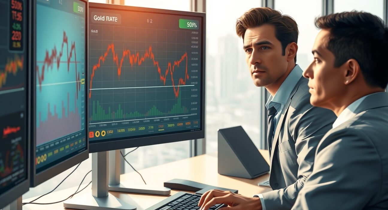 Forex Today analysis of gold price plunge during Middle East crisis on trading desk monitors