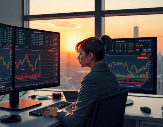 Forex trader analyzing market volatility driven by Middle East tensions on trading screens.