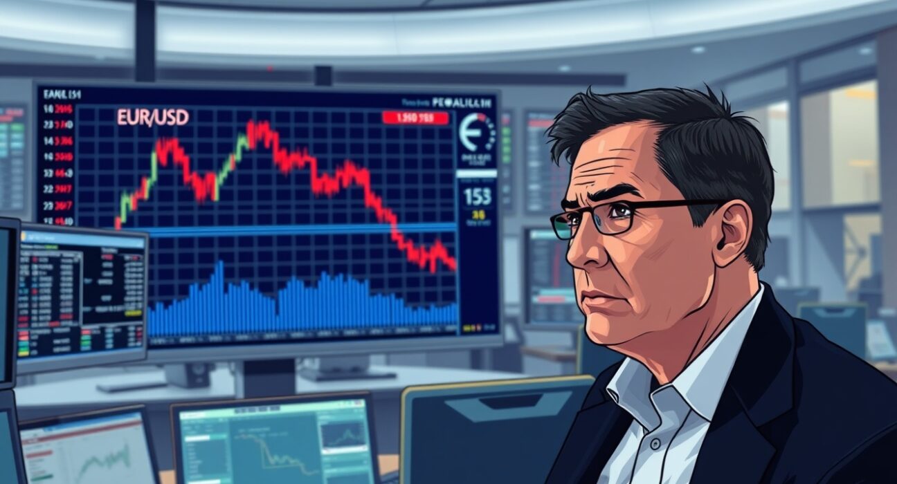 Trader analyzes forex charts as oil surge and weak Eurozone data impact currency markets.