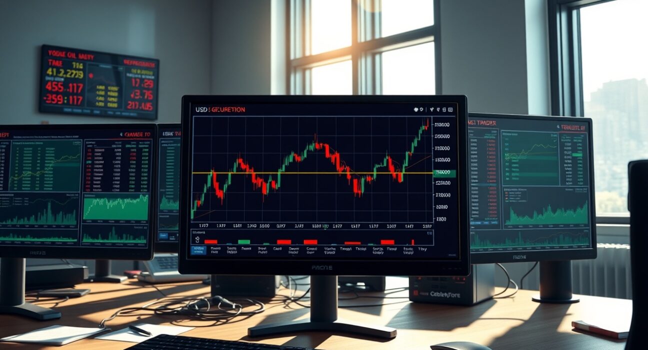Forex trading desk monitoring oil price surge and USD strength during Middle East crisis in October
