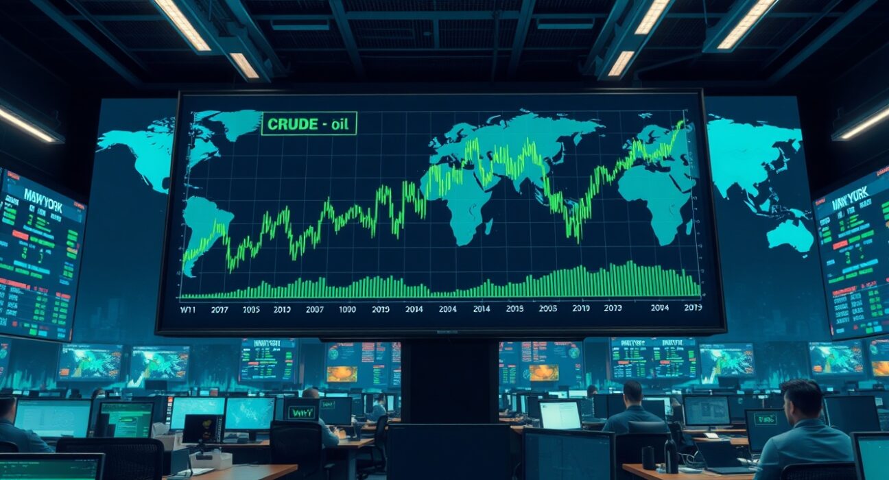 Forex and oil market analysis showing rising charts for USD and crude oil on a trading floor display.