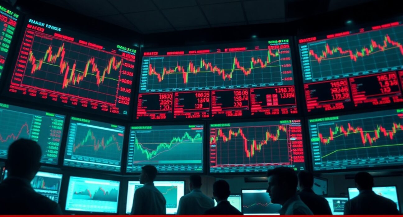 Trading floor monitors showing financial charts and breaking news of Iran-Israel strikes