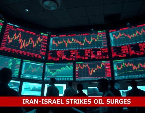 Trading floor monitors showing financial charts and breaking news of Iran-Israel strikes