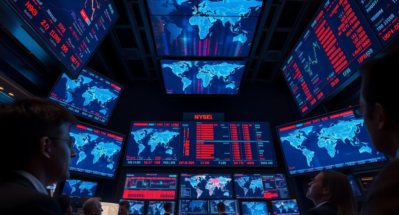 Forex trading floor with screens showing currency charts during geopolitical uncertainty