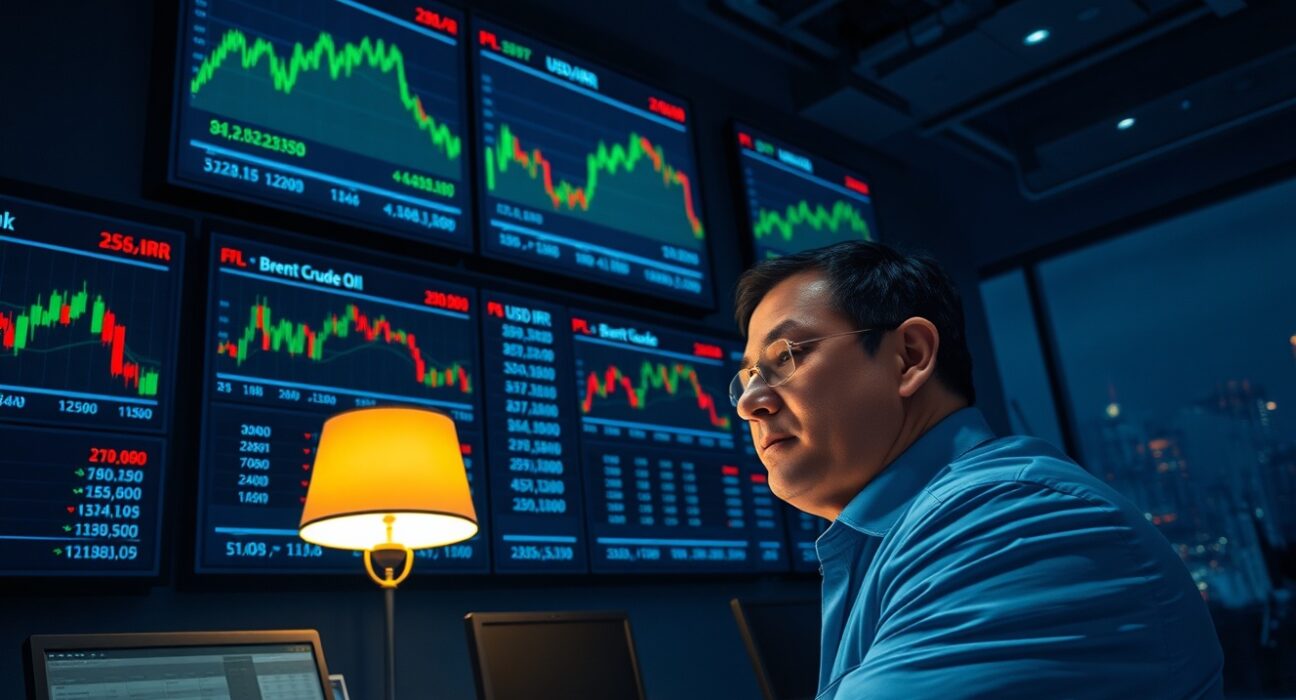 Financial analyst monitoring forex markets during US-Iran ceasefire announcement showing currency charts.