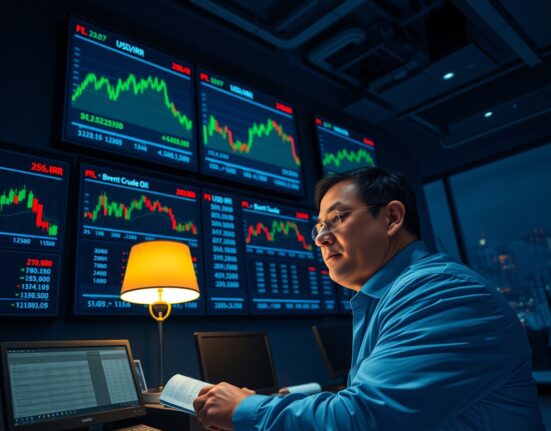 Financial analyst monitoring forex markets during US-Iran ceasefire announcement showing currency charts.