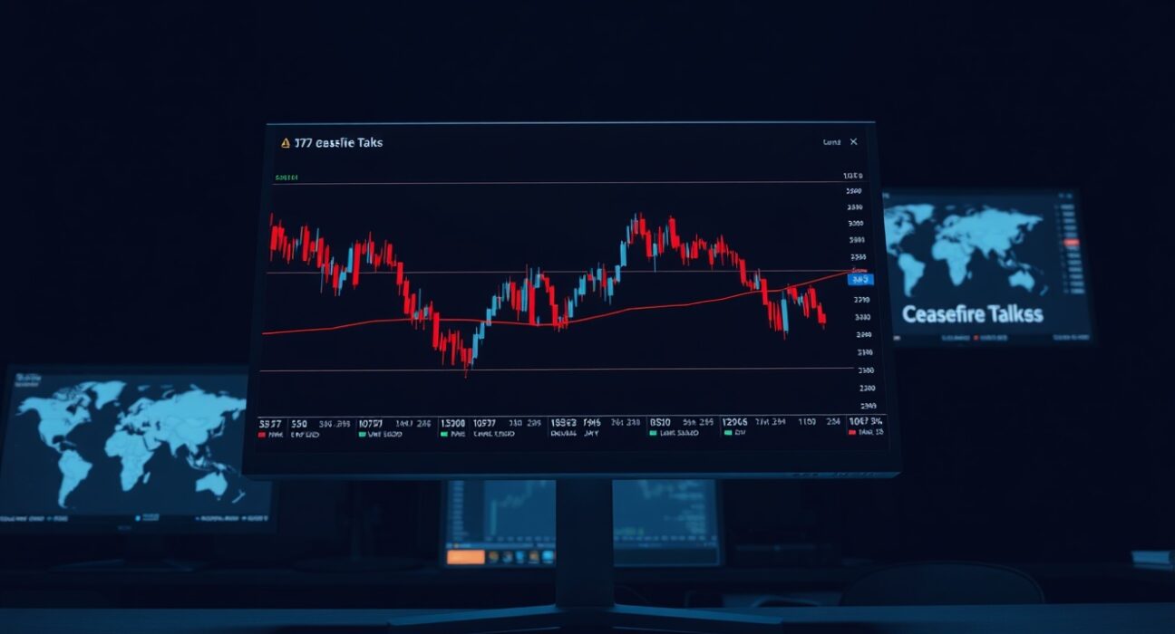 Forex today analysis showing live currency charts reacting to US-Iran ceasefire news on a trading desk.