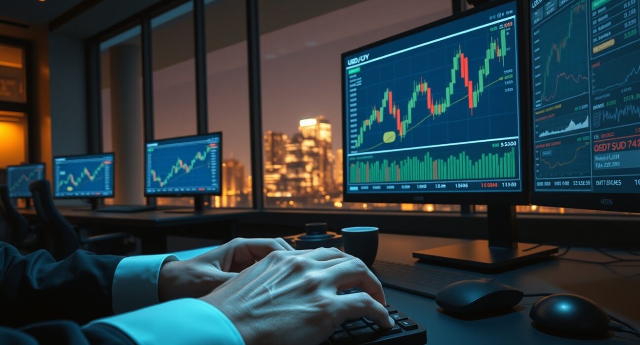 Forex trading desk analyzing market volatility after US-Iran talks collapse, showing charts for USD and gold.