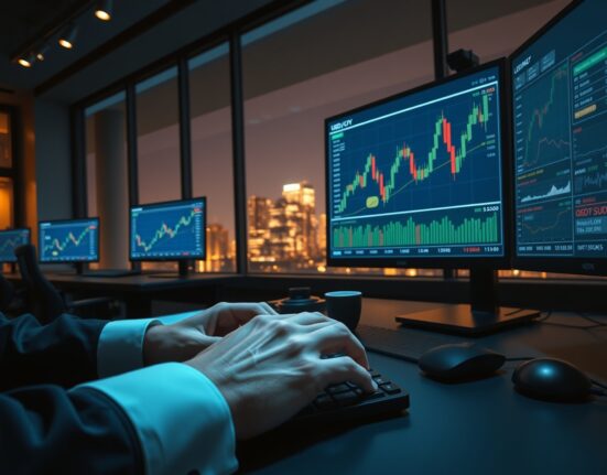 Forex trading desk analyzing market volatility after US-Iran talks collapse, showing charts for USD and gold.