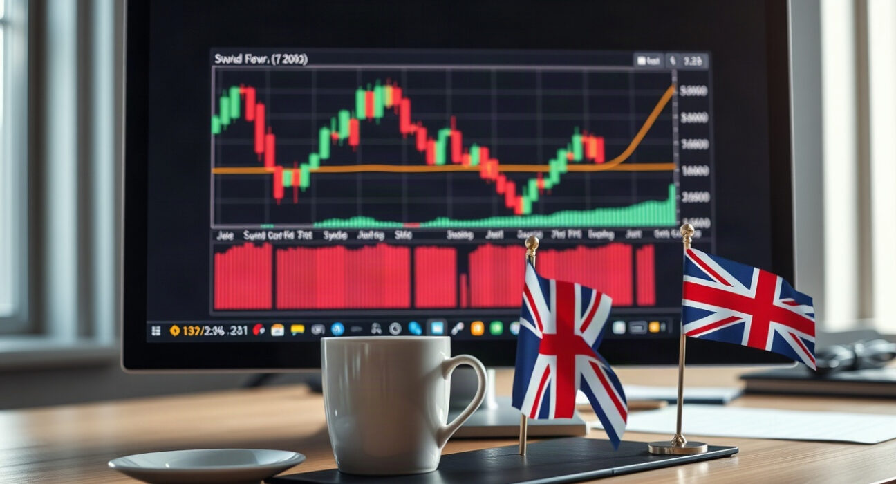 Financial news desk with currency charts and Union Jack flag, representing UK inflation and forex market focus