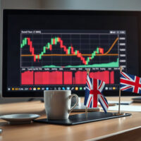 Financial news desk with currency charts and Union Jack flag, representing UK inflation and forex market focus