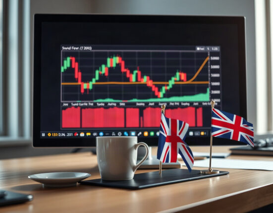 Financial news desk with currency charts and Union Jack flag, representing UK inflation and forex market focus