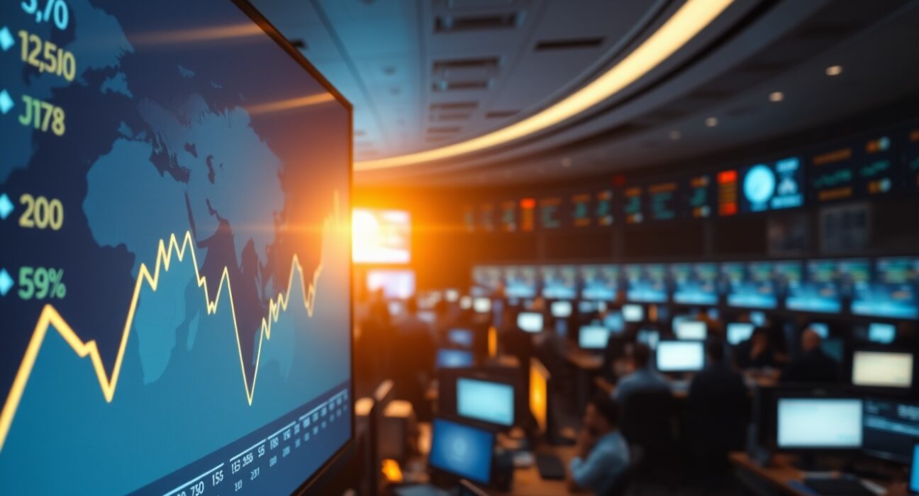Forex trading floor with digital screen showing currency exchange rates and an upward trend graph