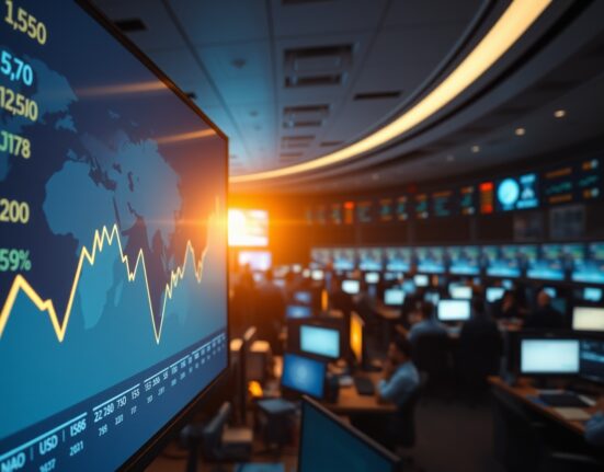 Forex trading floor with digital screen showing currency exchange rates and an upward trend graph