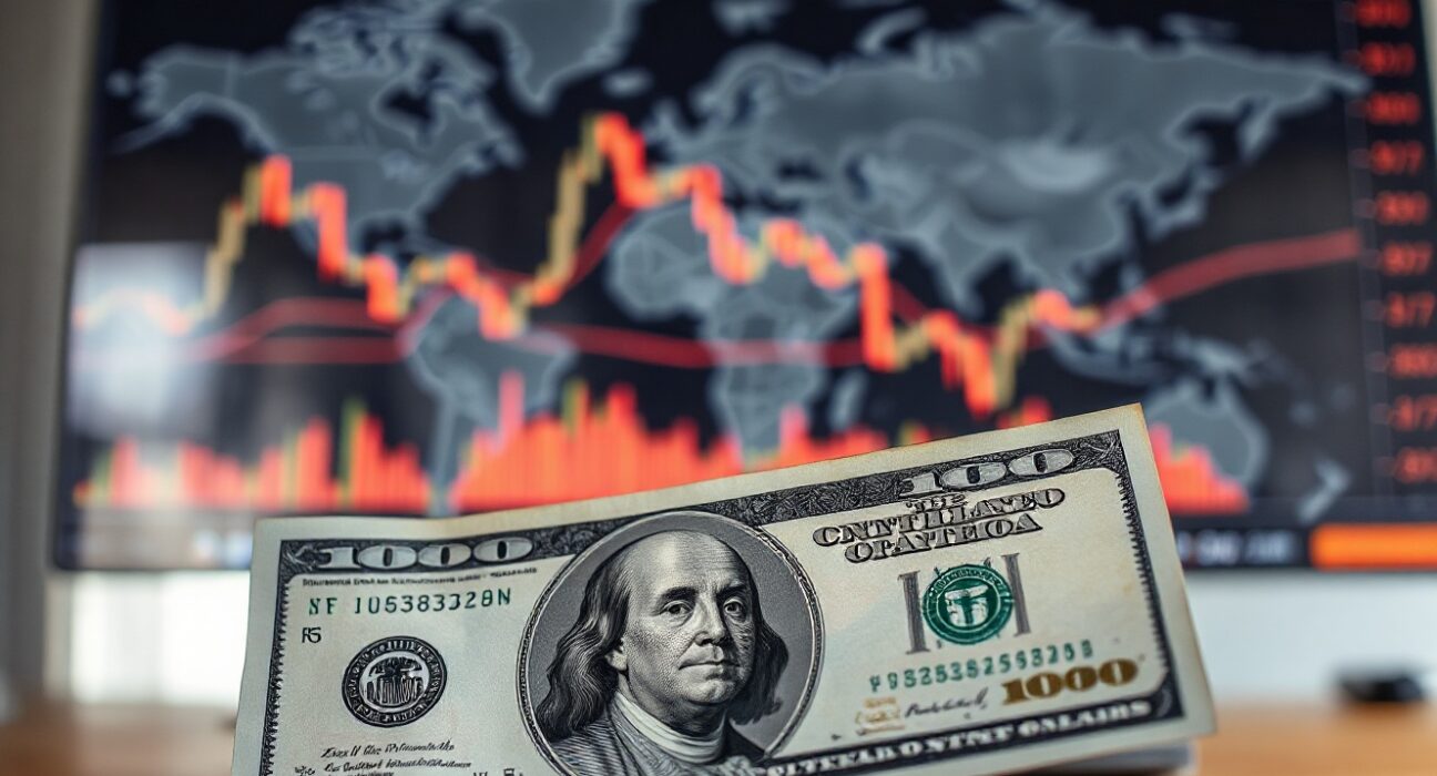 Close-up of US Dollar banknote with blurred financial charts and map background, representing forex market focus on CPI and geopolitics.
