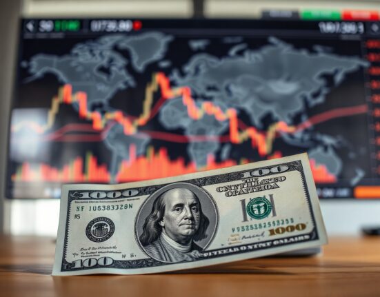 Close-up of US Dollar banknote with blurred financial charts and map background, representing forex market focus on CPI and geopolitics.