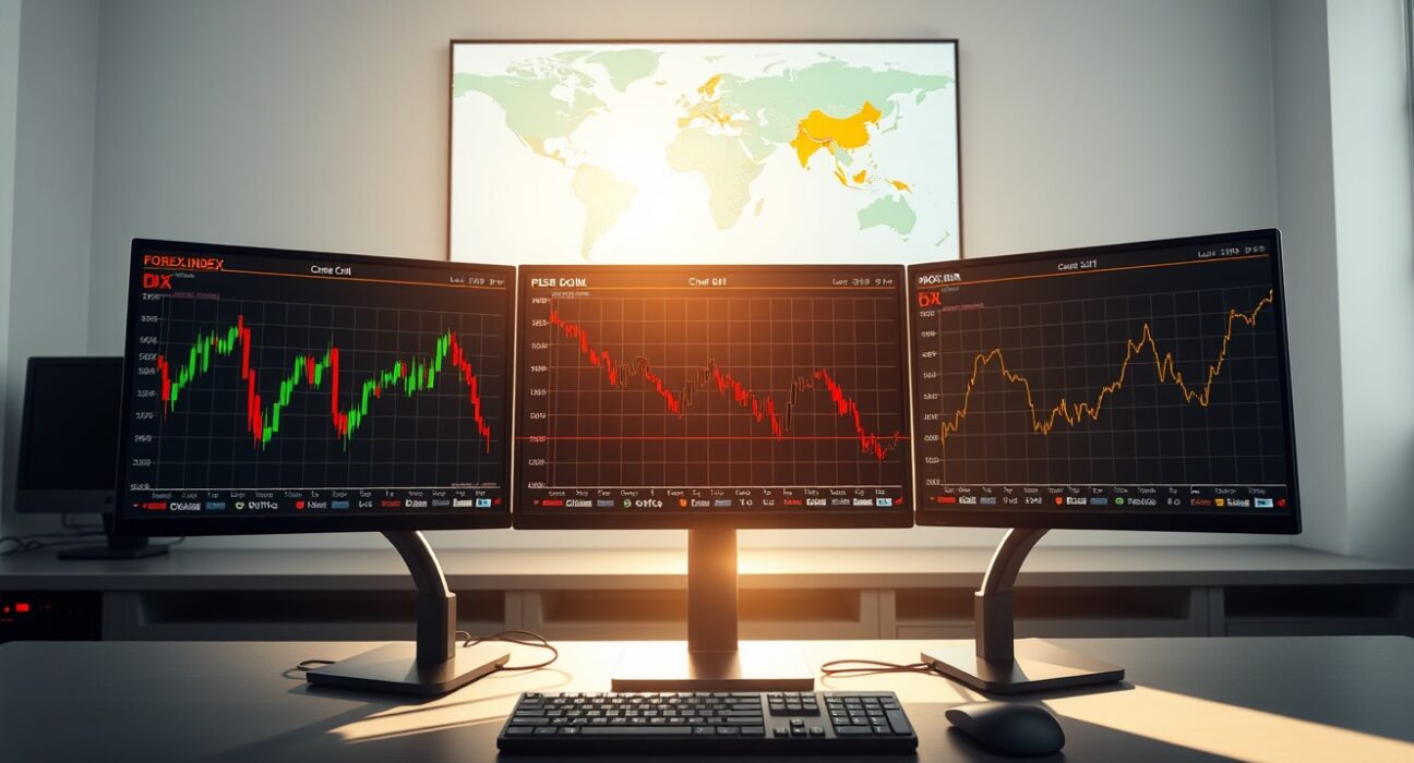 Forex trading desk showing US Dollar decline, elevated Oil prices, and steady Gold market data on multiple monitors