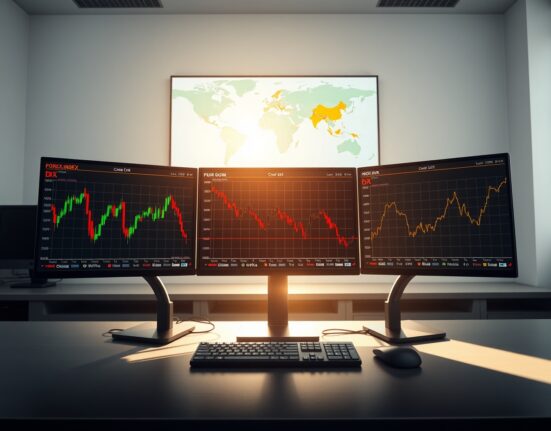 Forex trading desk showing US Dollar decline, elevated Oil prices, and steady Gold market data on multiple monitors