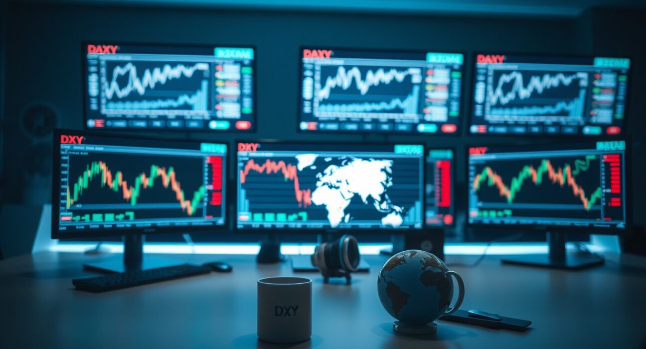 Forex trading desk with multiple monitors showing currency charts and DXY index