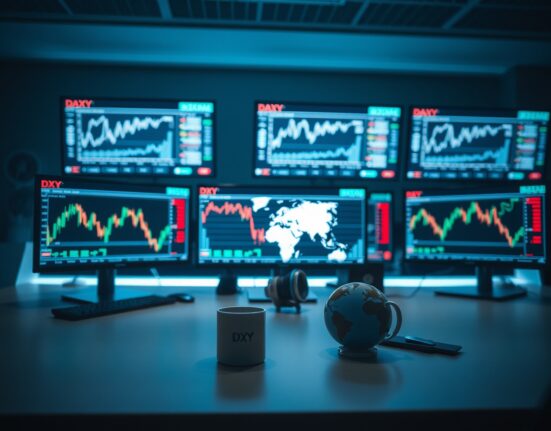Forex trading desk with multiple monitors showing currency charts and DXY index