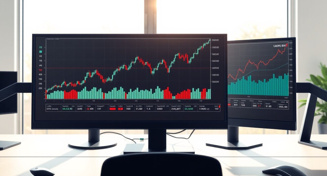 Trading desk monitors showing US Dollar strength and Oil price surge amid Middle East conflict analysis