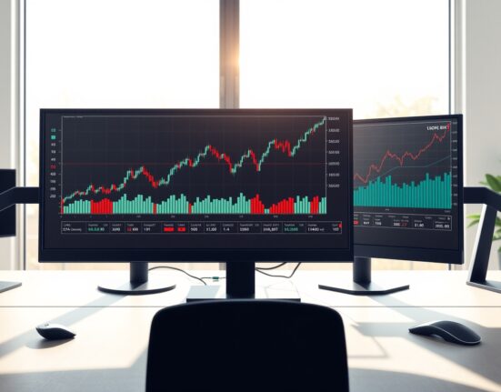 Trading desk monitors showing US Dollar strength and Oil price surge amid Middle East conflict