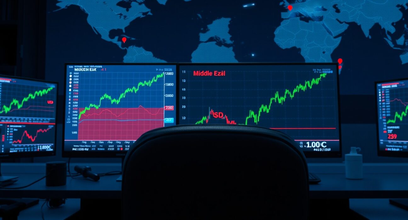 Financial trading desk monitors showing US Dollar and Oil price charts amid Middle East tensions.