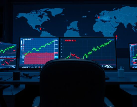 Financial trading desk monitors showing US Dollar and Oil price charts amid Middle East tensions.