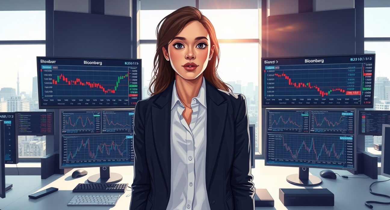 Financial analyst monitoring US Dollar retreat and falling Oil prices on trading terminal screens