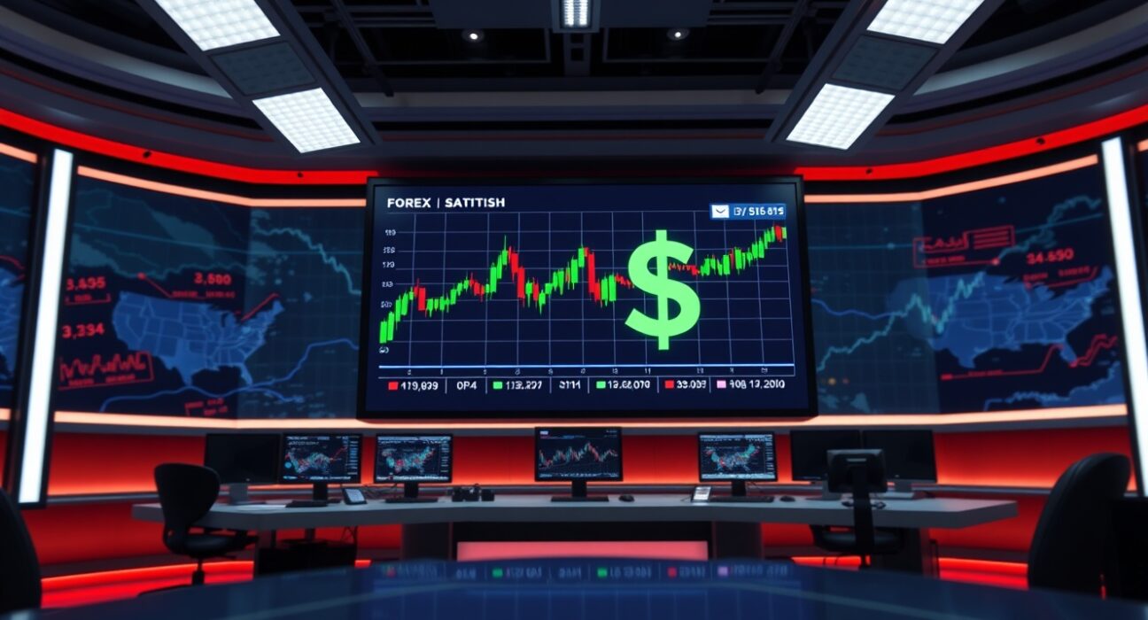 Forex trading screen showing US Dollar and chart data in a news studio