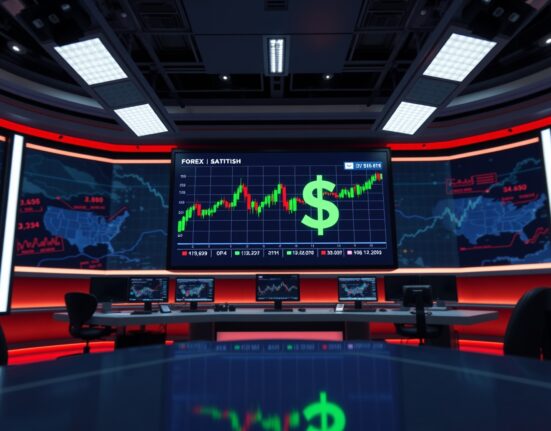 Forex trading screen showing US Dollar and chart data in a news studio