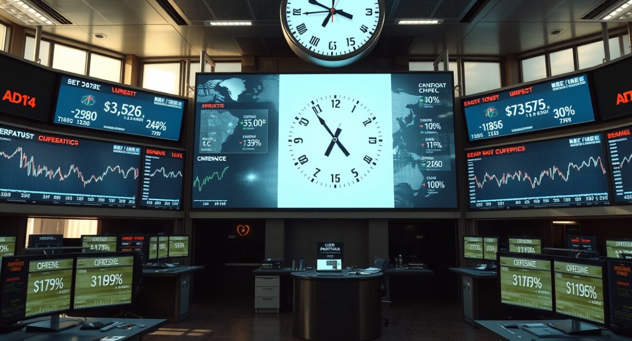 Financial trading floor with currency charts and world clock showing US and China time zones ahead of Trump-Xi summit.