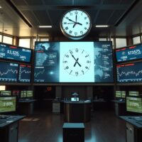 Financial trading floor with currency charts and world clock showing US and China time zones ahead of Trump-Xi summit.