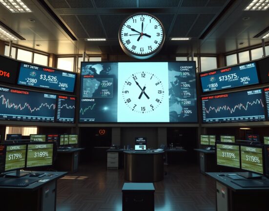Financial trading floor with currency charts and world clock showing US and China time zones ahead of Trump-Xi summit.