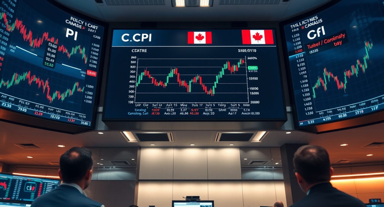 Financial trading screens showing forex charts and economic data ahead of US inflation and Bank of Canada decision.