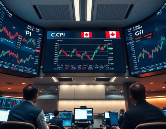 Financial trading screens showing forex charts and economic data ahead of US inflation and Bank of Canada decision.