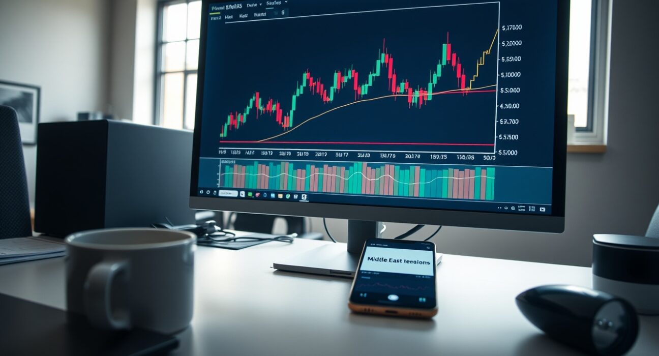 Forex trading desk with US dollar chart and Middle East news alert