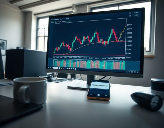 Forex trading desk with US dollar chart and Middle East news alert