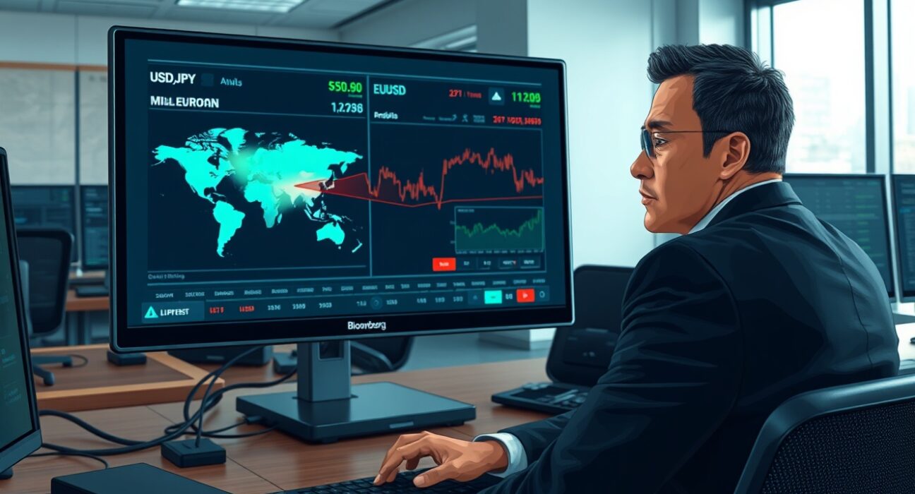 Financial analyst monitoring currency markets during US-Iran geopolitical tensions and Federal Reserve testimony