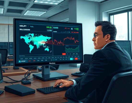 Financial analyst monitoring currency markets during US-Iran geopolitical tensions and Federal Reserve testimony