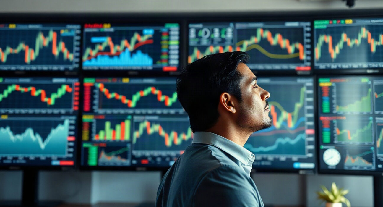 Financial analyst monitoring currency and economic data screens in a modern trading room.