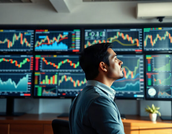 Financial analyst monitoring currency and economic data screens in a modern trading room.