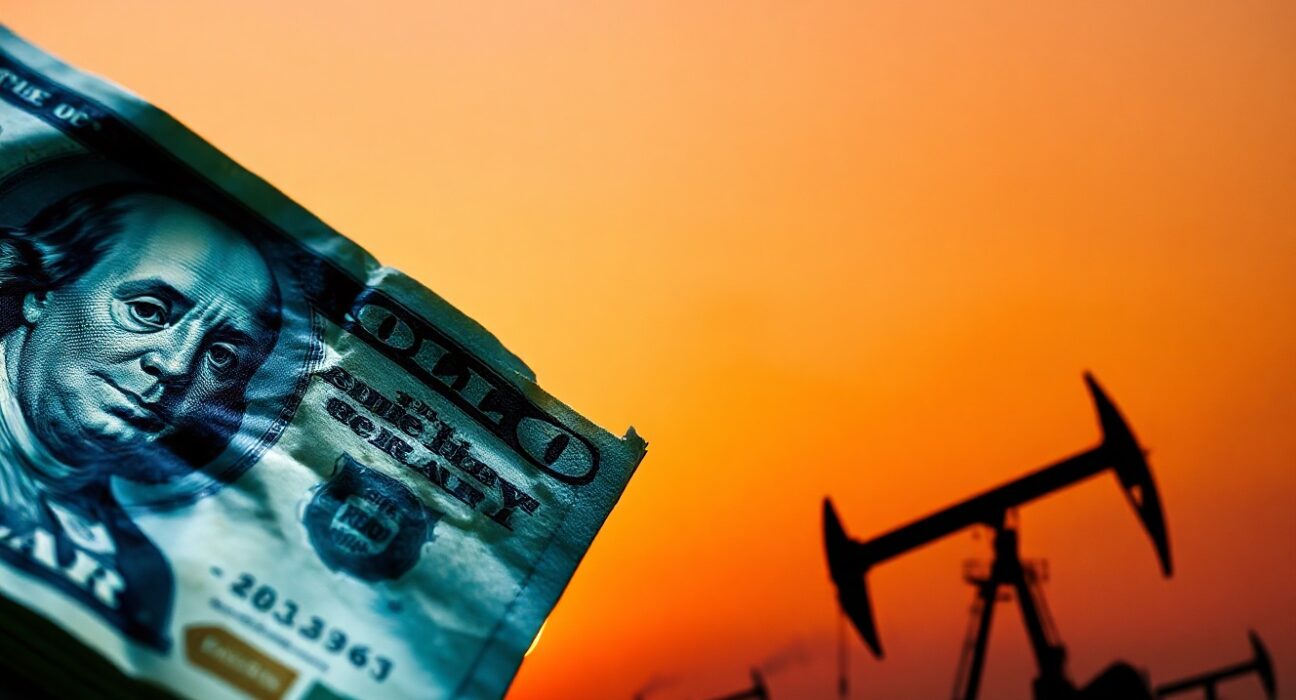 US Dollar banknote and oil pumpjack silhouette representing forex and energy market volatility